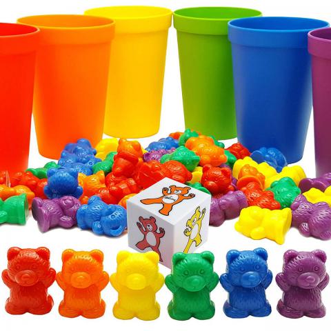 Skoolzy Rainbow Counting Bears with Matching Sorting Cups, Bear Counters and Dice Math Toddler Games 70pc Set - Bonus Scoop Tongs